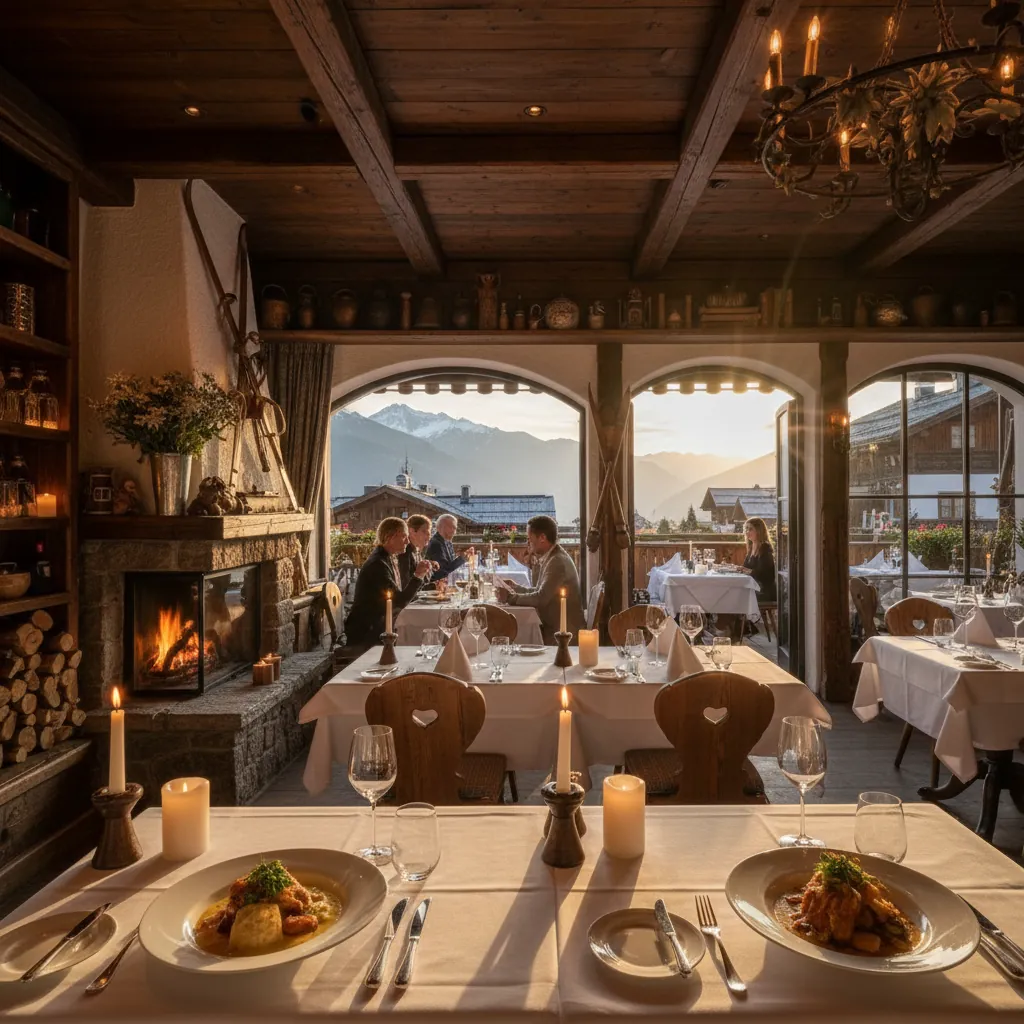 Sfeervolle brasserie interieur van Edelweiss met warme verlichting en alpiene decoratie